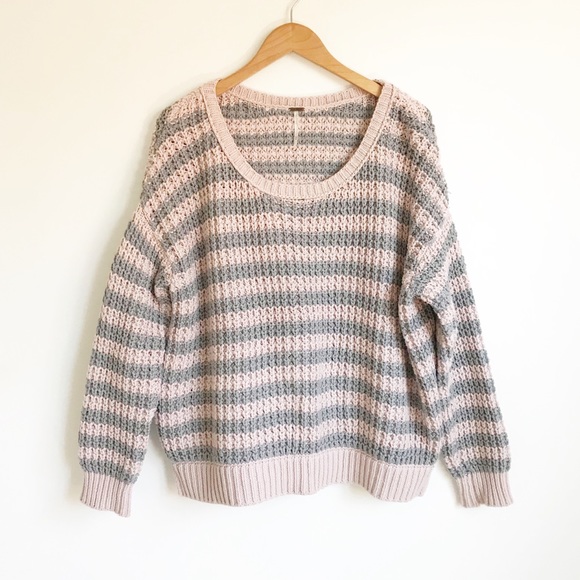 Free People Sweaters - FREE PEOPLE Pink Gray Stripe Chunky Knit Sweater